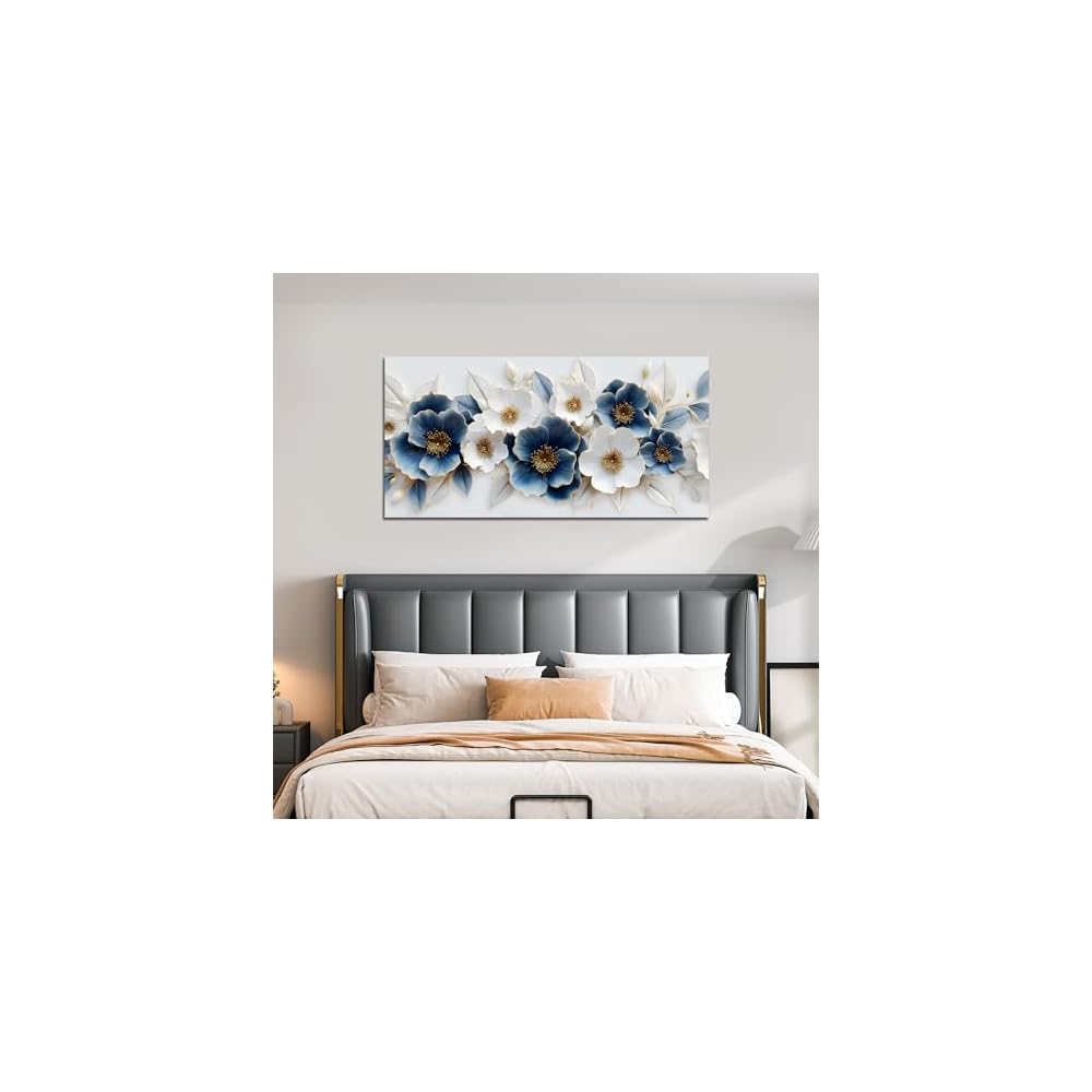 Large Canvas Wall Art for Living Room Blue and White Floral Print Painting wall Decor for Bedroom Office Modern Home Botanical Framed Wall Decorations Artwork Size 20x40 Ready to Hang