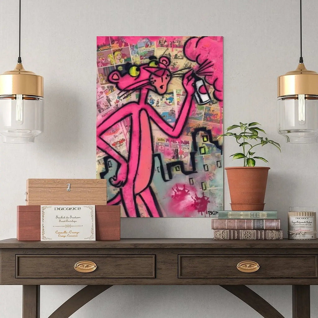 Pink Panther Character Art Modern Canvas Painting - Creative Design Graphic Prints, Vibrant Print, DIY Frame-Style Graffiti Posters, House Decor for Living Room & Bedroom