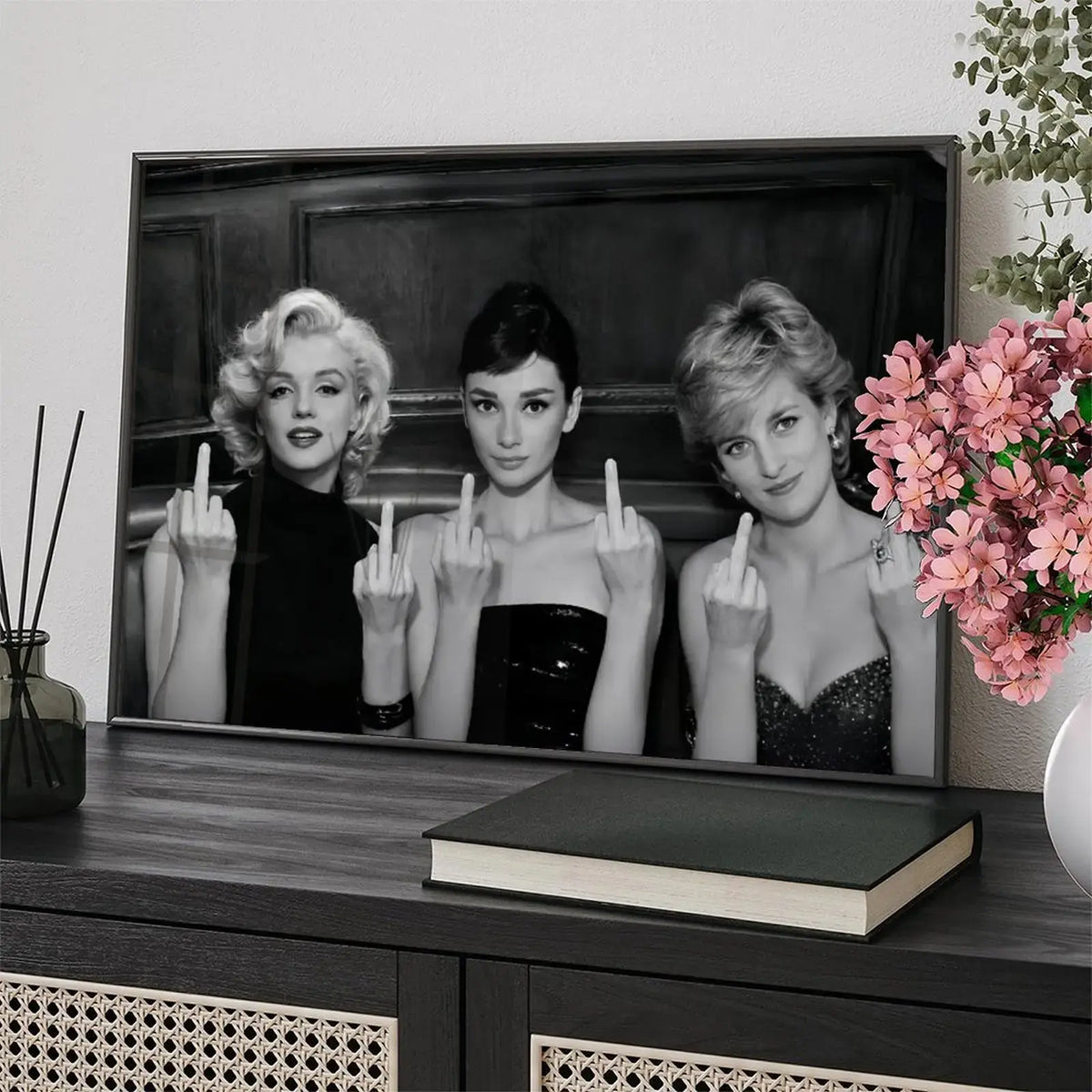 Marilyn Monroe Audrey Hepburn Princess Diana Funny Middle Finger Canvas Wall Art Black White Vintage Print Framed Poster Quirky Bathroom Bar Bedroom Trendy Home Decor Gift farmhouse minimalist